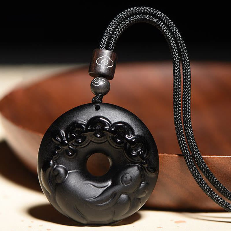 Karma Stone Chinese Zodiac Natural Black Obsidian Peace Buckle Strength Necklace Pendant