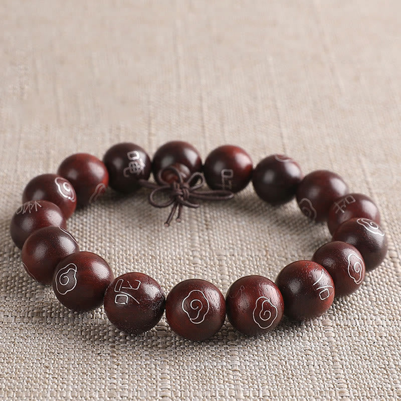 Karma Stone 925 Sterling Silver Inlaid Small Leaf Red Sandalwood Om Mani Padme Hum Character Auspicious Clouds Protection Bracelet