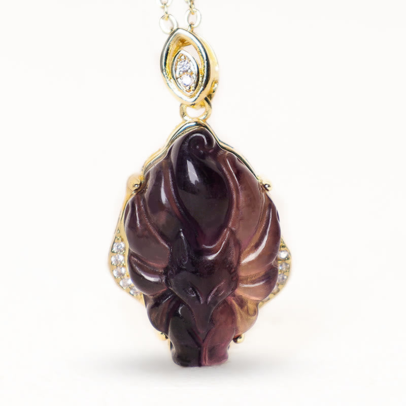 Karma Stone Natural Colorful Fluorite Nine Tailed Fox Protection Necklace Pendant