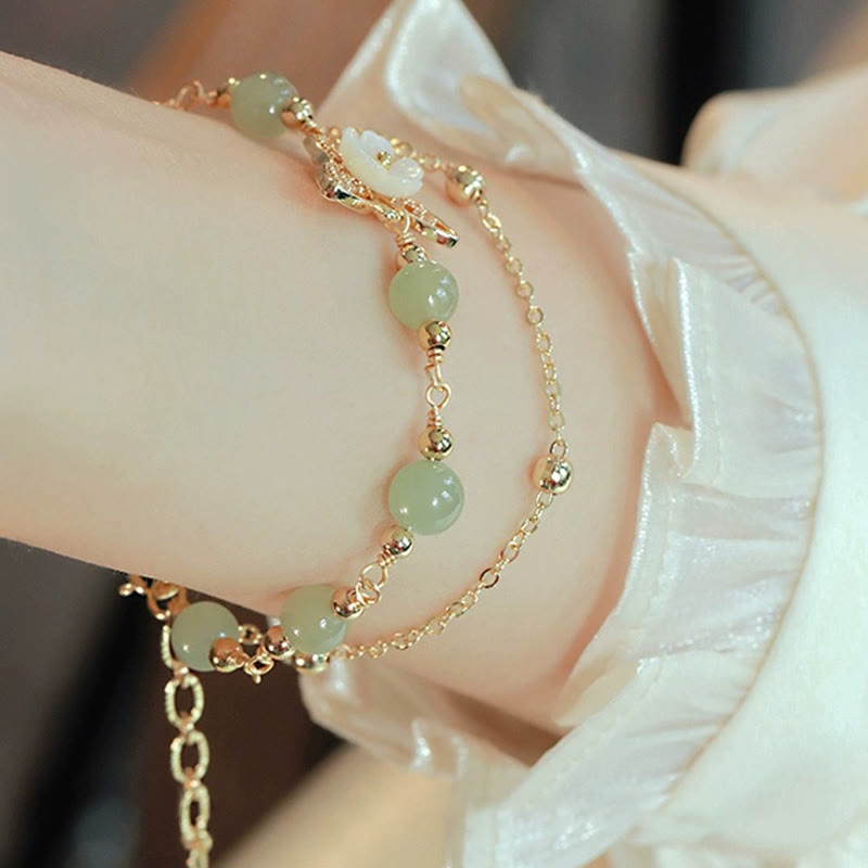 Karma Stone 14K Gold Plated Jade Butterfly Tridacna Stone Flower Double Layer Luck Bracelet