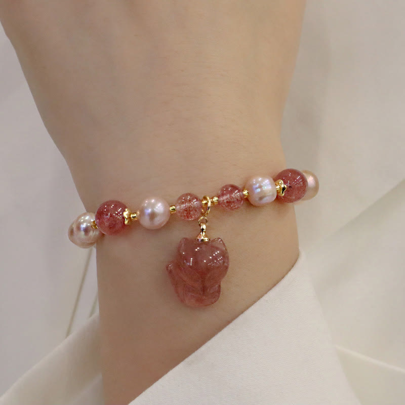 Karma Stone Natural Pearl Strawberry Quartz Cute Fox Love Healing Charm Bracelet