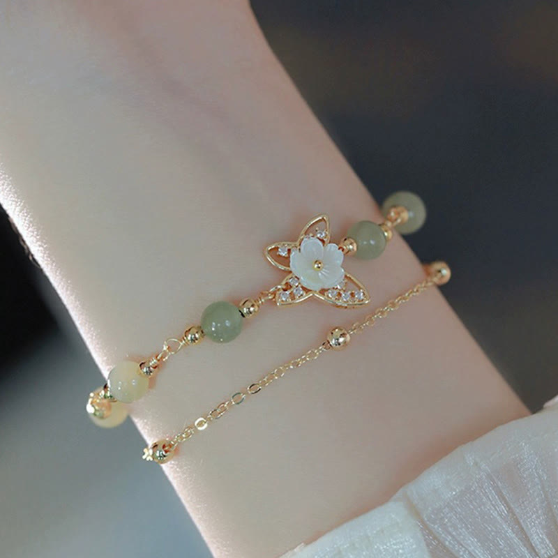 Karma Stone 14K Gold Plated Jade Butterfly Tridacna Stone Flower Double Layer Luck Bracelet