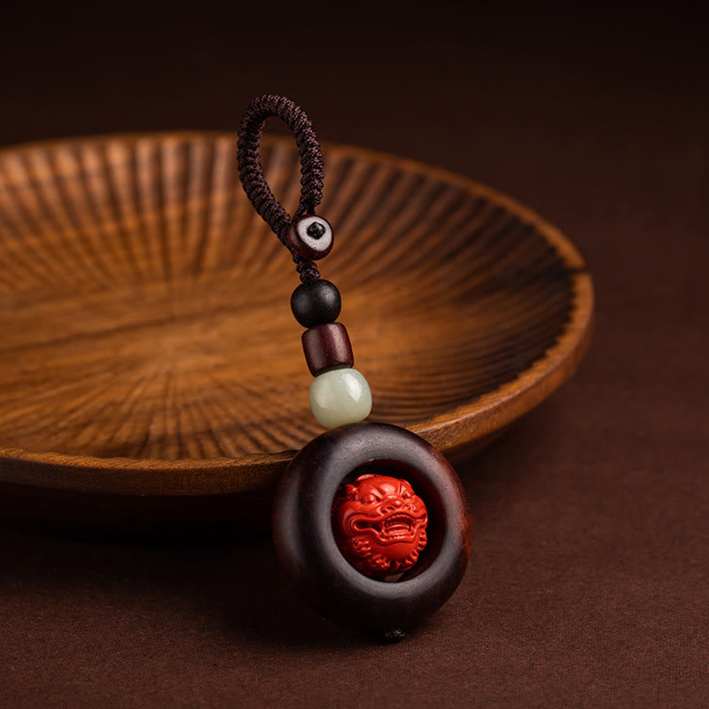 Karma Stone Tibet Om Mani Padme Hum PiXiu Copper Coin Small Leaf Red Sandalwood Cinnabar Protection Key Chain