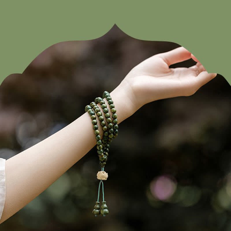 Karma Stone 108-Bead Rosary Green Sandalwood, Boxwood, Lotus, Auspicious Wooden Rosary Bracelet