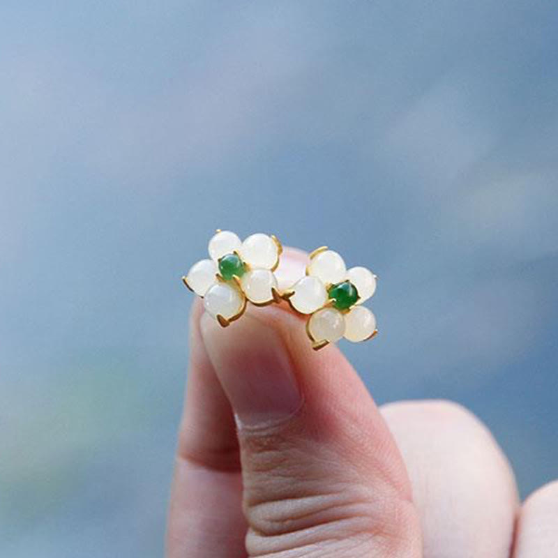 Karma Stone White Jade Flower Luck Blessing Stud Earrings
