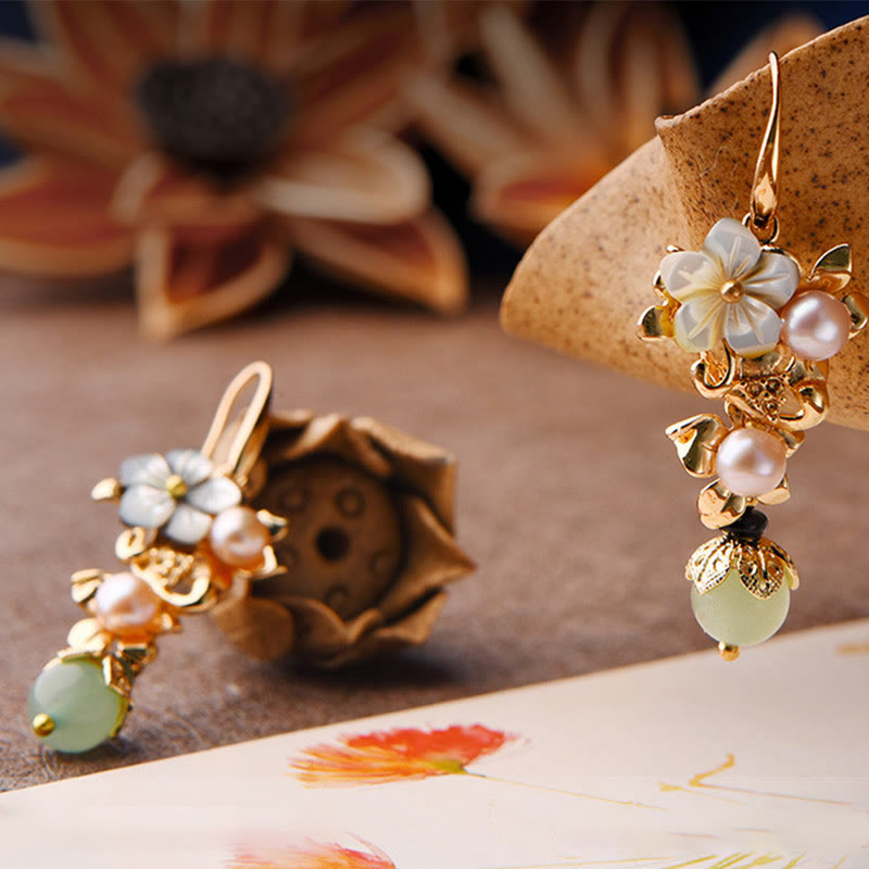 Karma Stone 14K Gold Plated Tridacna Stone Flower Pearl Green Aventurine Bead Drop Earrings