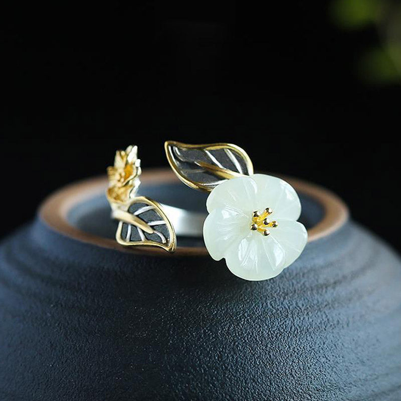 Karma Stone 925 Silver Plated Copper White Jade Plum Flower Leaf Luck Ring
