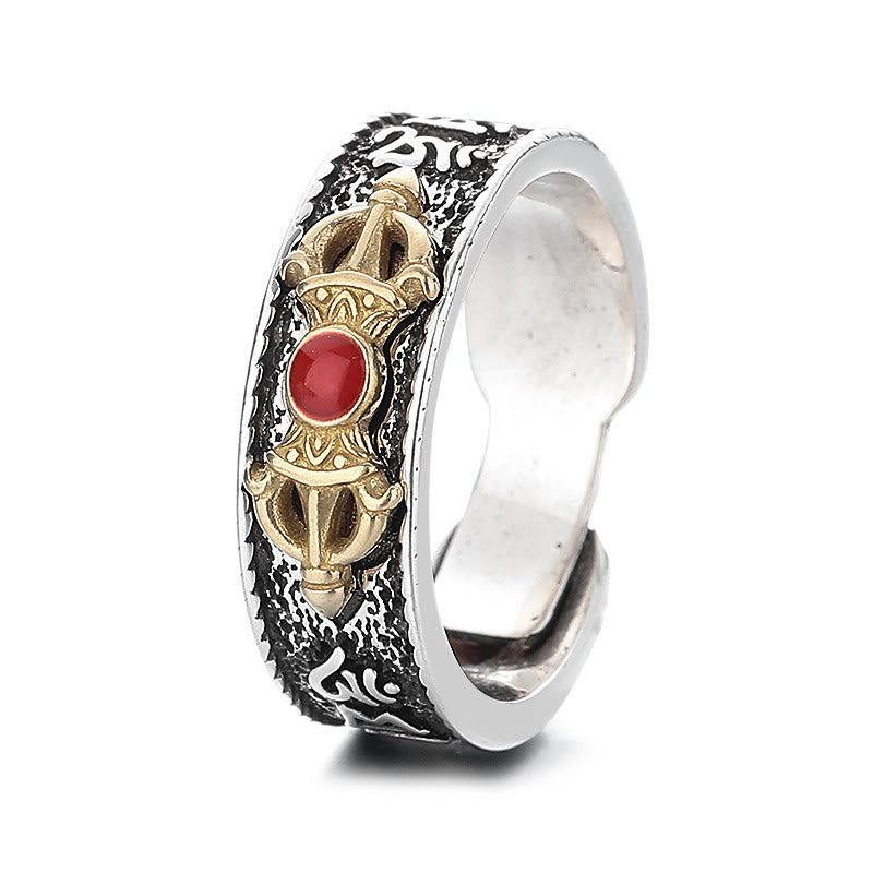 Karma Stone Tibetan Om Mani Padme Hum Red Agate Dorje Vajra Design Wisdom Ring