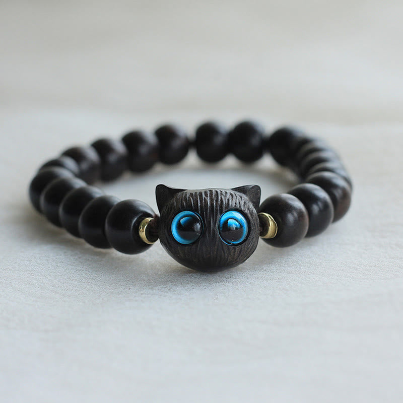 Karma Stone Ebony Wood Green Sandalwood Cute Cat Peace Bracelet