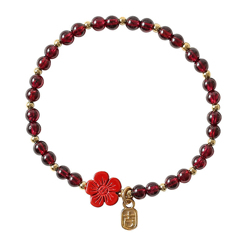 Karma Stone 14K Gold Natural Garnet Cinnabar Flower Calm Bracelet