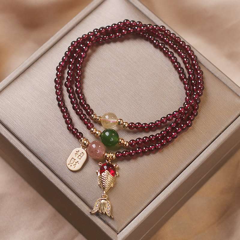 Karma Stone Natural Garnet Strawberry Quartz Crystal Fox Koi Fish Peace Buckle Fortune Protection Triple Wrap Bracelet