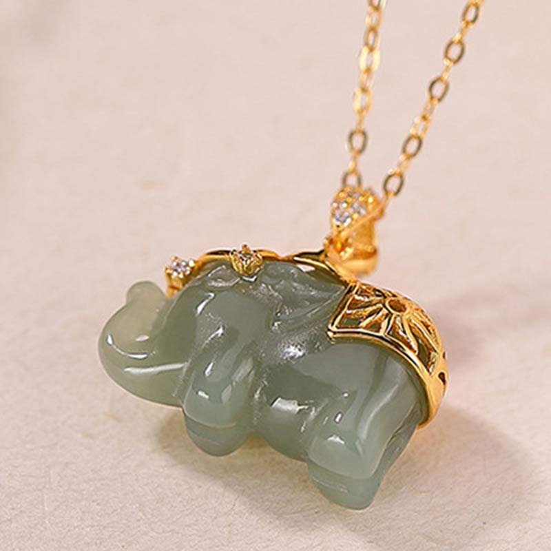 Karma Stone 925 Sterling Silver Jade Elephant Blessing Fortune Necklace Chain Pendant