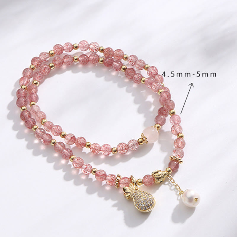 Karma Stone Strawberry Quartz Money Bag Positive Charm Double Wrap Bracelet