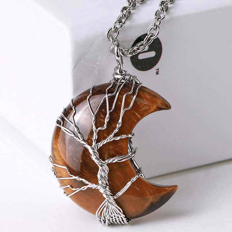 Karma Stone Natural Quartz Crystal Moon Tree Of Life Healing Energy Necklace Pendant