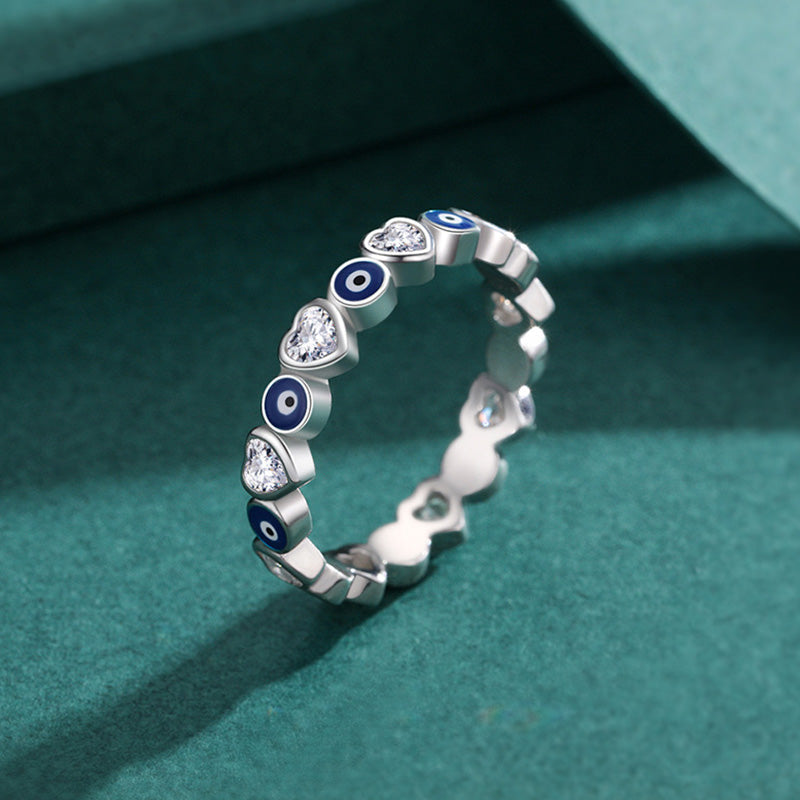 Karma Stone 925 Sterling Silver Evil Eye Love Heart Zircon Blessing Ring