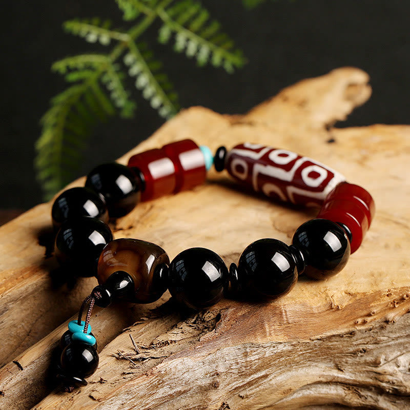 Karma Stone Nine-Eyed Dzi Bead Black Agate Fortune Tibetan Bracelet Protection Bracelets