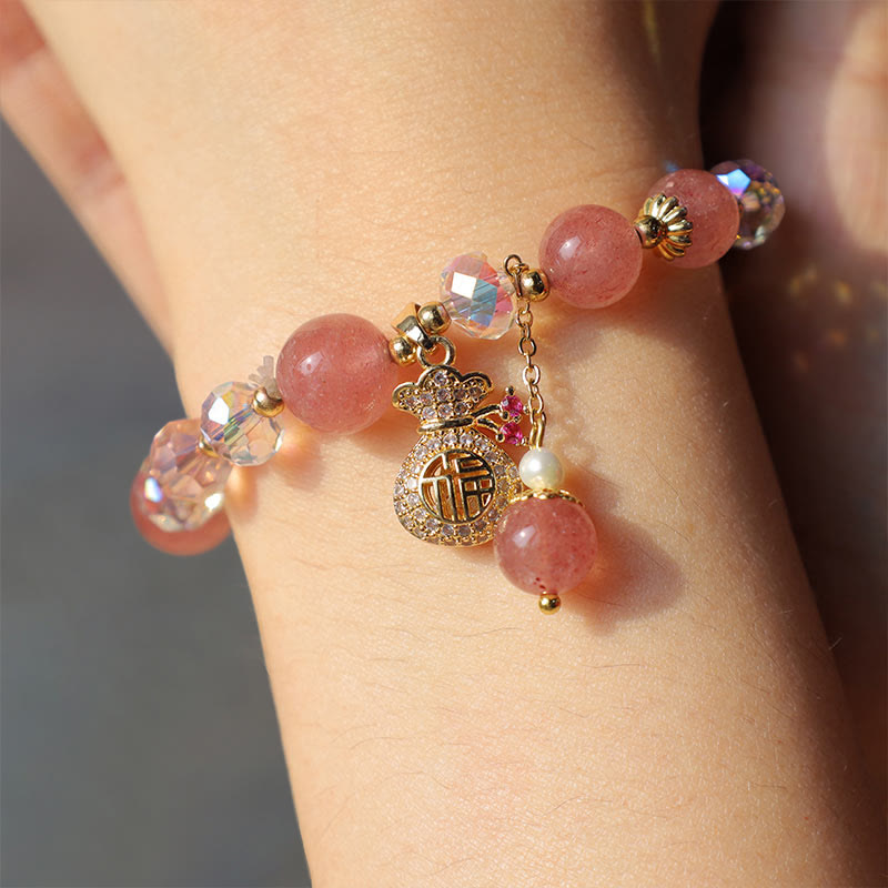 Karma Stone Natural Strawberry Quartz Crystal Money Bag Charm Positive Bracelet