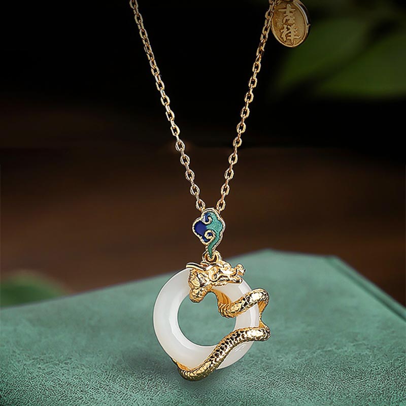 Karma Stone Year Of The Dragon 925 Sterling Silver Hetian White Jade Peace Buckle Auspicious Clouds Success Necklace Pendant