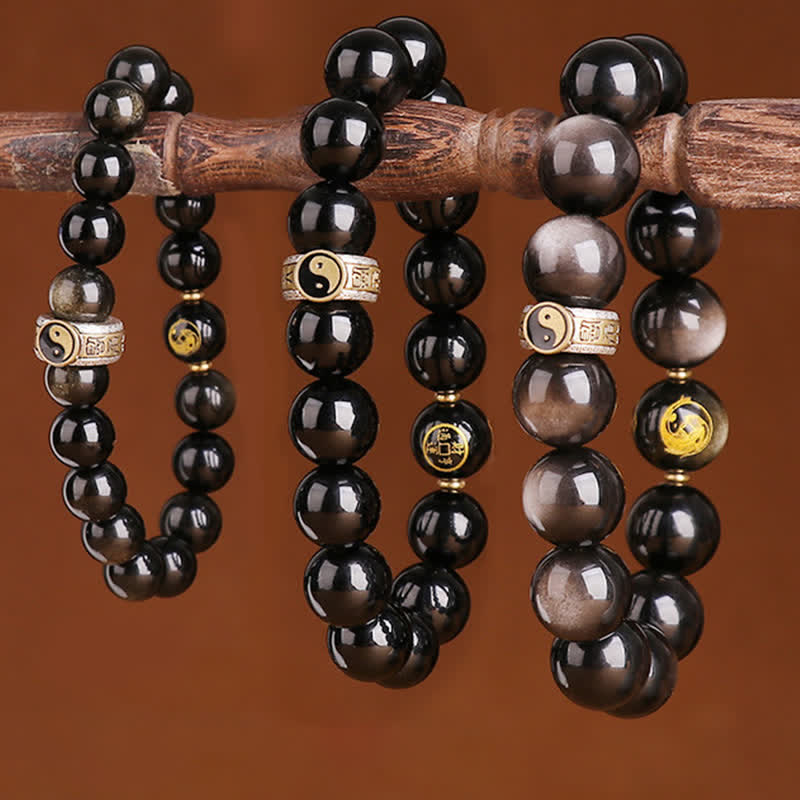 Karma Stone 925 Sterling Silver Black Obsidian Gold Sheen Obsidian Silver Sheen Obsidian Yin Yang Protection Bracelet