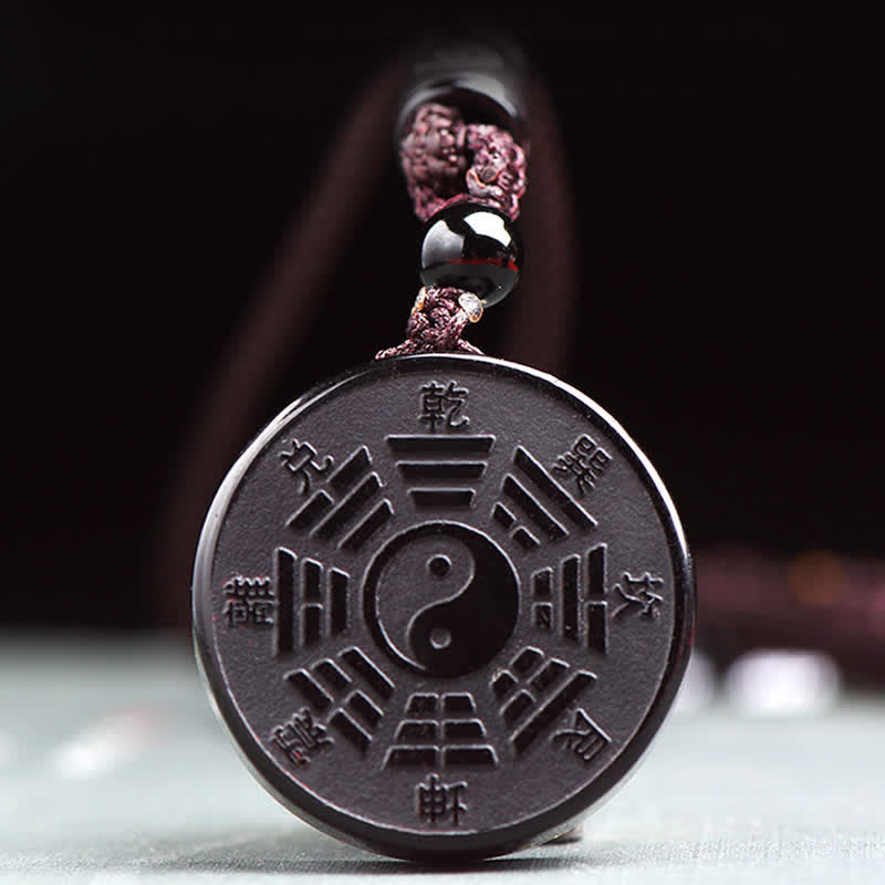 Karma Stone Black Obsidian Bagua Yin Yang Strength Necklace Pendant