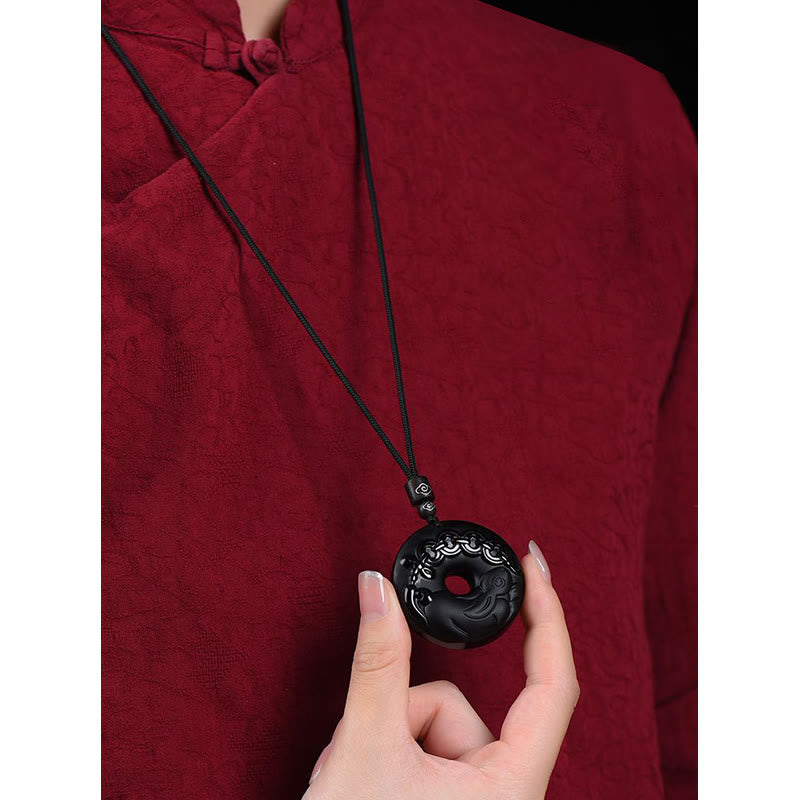 Karma Stone Chinese Zodiac Natural Black Obsidian Peace Buckle Strength Necklace Pendant