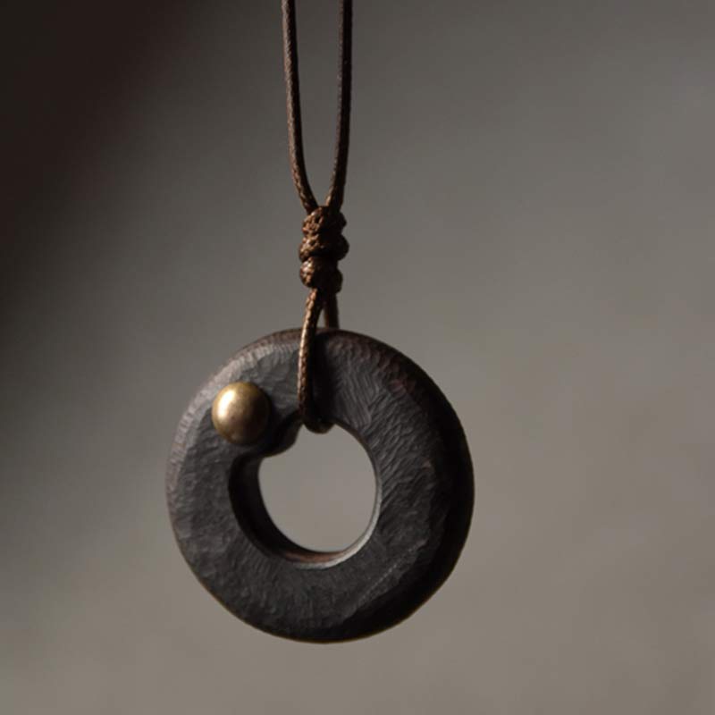 Karma Stone Zen Circle Ebony Wood Peace Calm Necklace Pendant