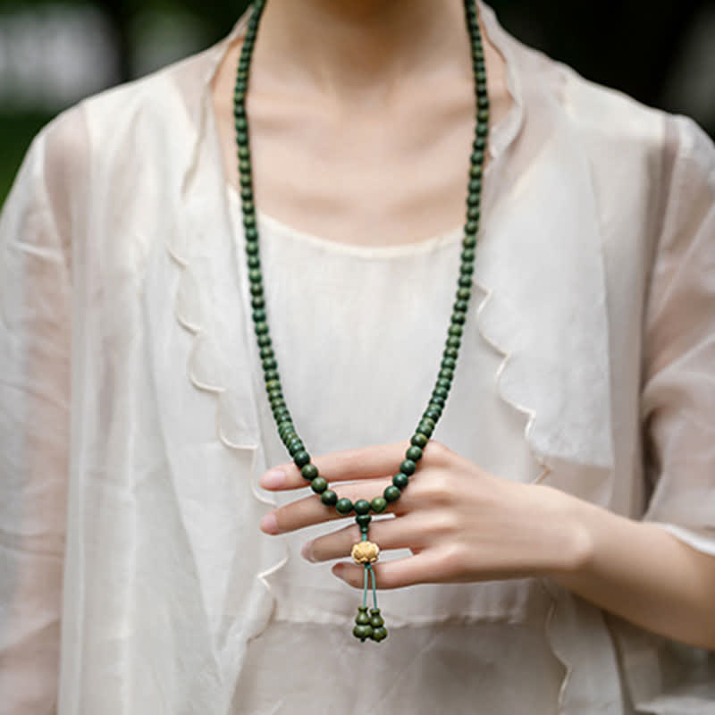 Karma Stone 108-Bead Rosary Green Sandalwood, Boxwood, Lotus, Auspicious Wooden Rosary Bracelet